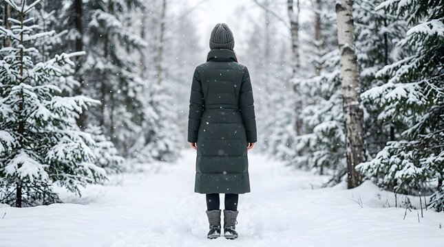 Person standing alone in a snowy forest surrounded by tall trees, quiet winter atmosphere and solitude.