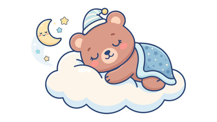 Cute Bear Sleeping on Cloud: A charming cartoon bear with a sleepy expression rests peacefully on a fluffy cloud, under a crescent moon and twinkling stars, adorned with a polka dot blanket and hat. © Halima