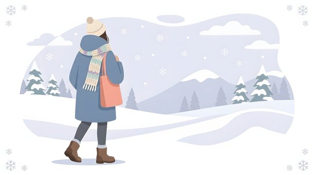 Flat illustration of a person in winter clothing standing in a snowy landscape with soft pastel tones and minimal design.