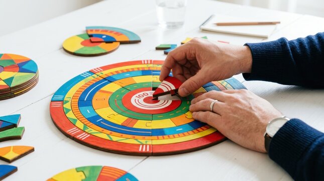 Man hands assembling colorful wooden circular puzzle pieces on white table, solving brain teaser game for mental stimulation and cognitive development activity.