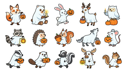 Fototapeta premium Cute woodland animals in halloween ghost costumes set with halloween, woodland