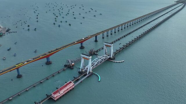 Aerial View of Pamban Bridge and Railway Bridge in Rameswaram Tamil Nadu India