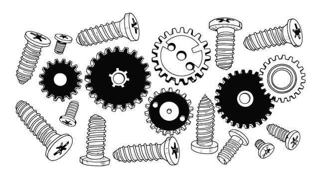 Engineering Hardware Collection of Gears and Screws Graphic
