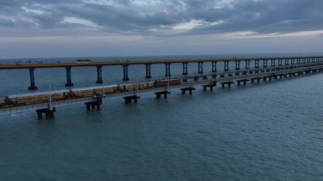 Aerial View of Train Crossing Pamban Railway Bridge in Rameswaram Tamil Nadu India