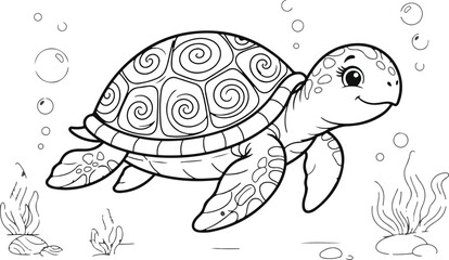Cute baby sea turtle swimming in water with seaweed Vector © MstJohora