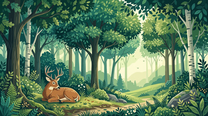 Fototapeta premium Flat vector illustration of a buck deer resting in a lush green forest