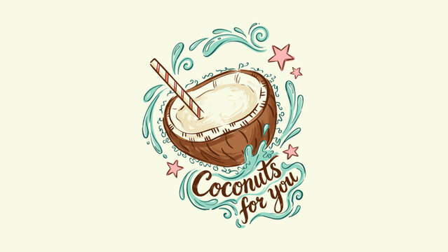 Artistic hand-drawn illustration featuring a halved coconut with a red and white striped straw, surrounded by turquoise water splashes and pink stars with Coconuts For You lettering.