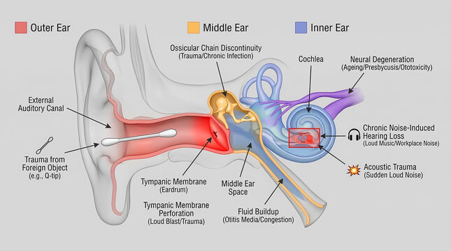 3D Ear Anatomy Diagram Showing Hearing Loss Causes, Tympanic Membrane Damage and Inner Ear Disorders