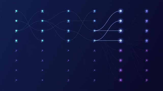 Abstract animated beam search decision tree drawn as blue and cyan glowing lines and dots on a deep dark background. Clean minimal motion graphics element with free space around it, ideal for technolo