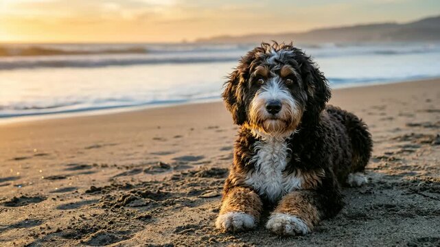 bernedoodle close up on cannon beach oregon at golden light video