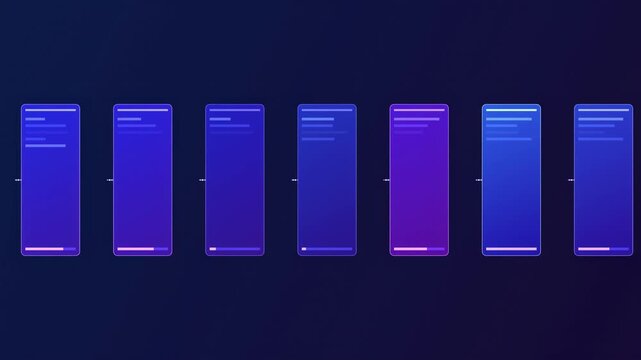 Abstract animated chain of linked data blocks drawn as blue and cyan glowing lines and dots on a deep dark background. Clean minimal motion graphics element with free space around it, ideal for techno