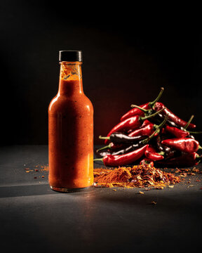 Hot Sauce Bottle with Red Chili Peppers on Dark Background