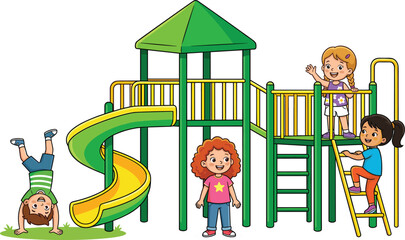 Happy Cartoon Children Engaging in Creative School Activities Including Reading Drawing Speaking Through Megaphone and Holding Giant Pencil Vector Illustration