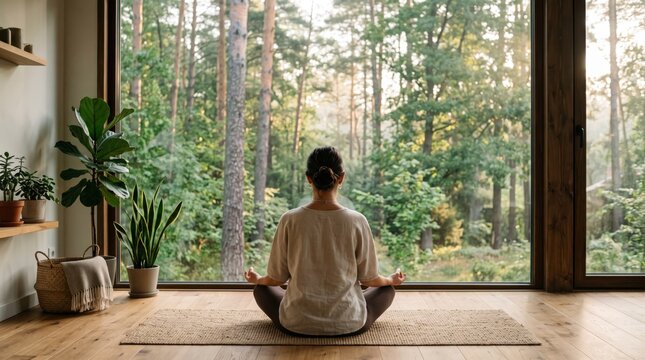 Woman practicing meditation indoors sitting on floor mat facing large window with lush green forest view, home yoga studio, mindfulness exercise, interior design, natural light