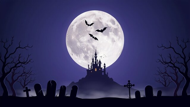 Spooky halloween background featuring a haunted castle silhouette under a giant full moon with flying bats and a graveyard