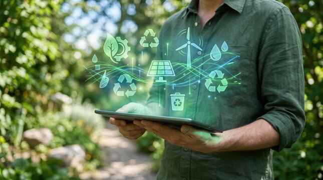 Man holding tablet with holographic green energy icons, solar power, wind turbine, recycling symbols, sustainability, nature, renewable resources technology interface