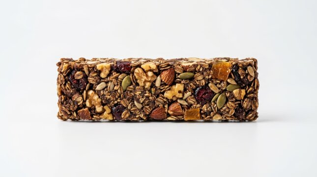 Healthy granola bar with nuts, seeds, and dried fruit isolated on white background