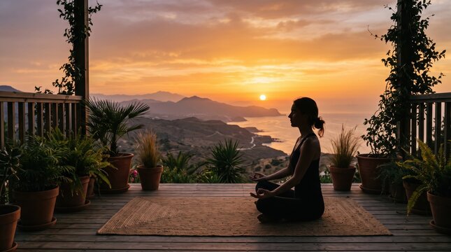 Silhouette of woman meditating in lotus position on wooden terrace overlooking scenic sea coast and mountains during beautiful golden sunset, peaceful yoga practice outdoors.