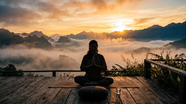 Person sitting in meditation pose on wooden platform above sea of clouds and misty mountains at sunrise, spiritual mindfulness practice in serene natural landscape environment.