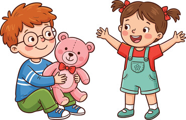 Cute Little Boy and Girl Playing with Pink Teddy Bear Together Vector Illustration for Children Storybooks, Toy Stores, and Childhood Friendship Concepts