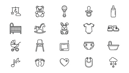 Collection of minimalist line icons representing baby and toddler essentials items for various uses