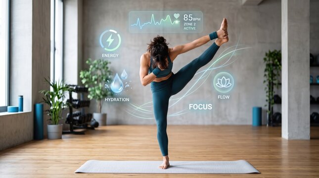 Woman doing yoga balance pose in gym studio with holographic data interface showing heart rate, energy, hydration, flow, focus, fitness technology concept.