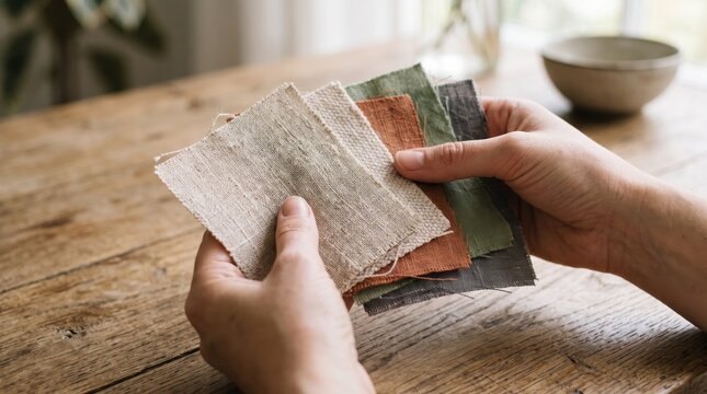 Hands holding natural fabric swatches, linen texture samples for interior design, sustainable textile choices, home decor material selection, earthy tones palette, craft supplies