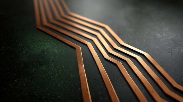 Copper circuit lines dark surface represent semiconductor packaging technology with precise conductive pathways for electronic device performance