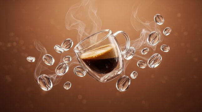 Artistic composition of hot espresso in glass cup surrounded by floating coffee beans and steam, caffeine beverage, morning energy drink, abstract food photography with warm brown
