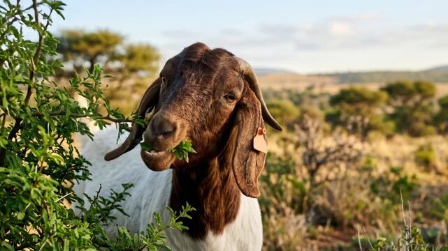 Boer Goat eating leaves close up at, golden light