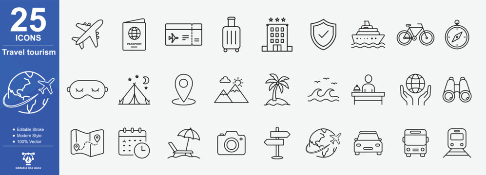 Collection Of Travel Tourism Line Icons On White Background. holiday, trip, world, flight, hotel, suitcase, and destination