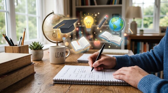 Student writing in notebook at wooden desk with books and coffee, glowing icons of graduation cap, lightbulb, globe symbolizing knowledge and learning concept