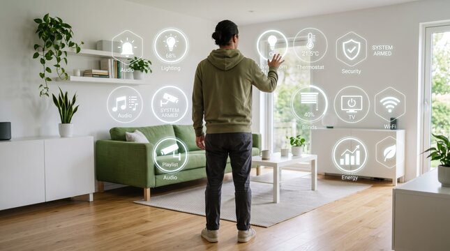 Man controlling smart home system with virtual interface, adjusting lighting and security settings in modern living room interior, future technology for automation and energy