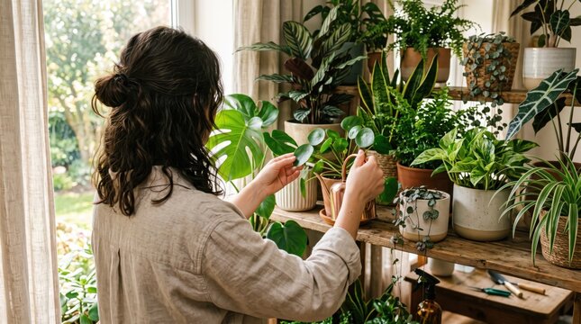 Woman caring for houseplants near window, urban gardening hobby, tending to greenery and foliage in modern home interior, plant lover nurturing botanical collection
