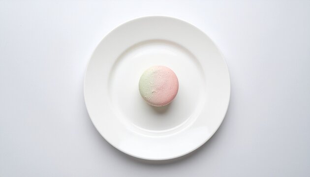 A single pastel pink and green macaron placed in the center of a clean white ceramic plate on a white background