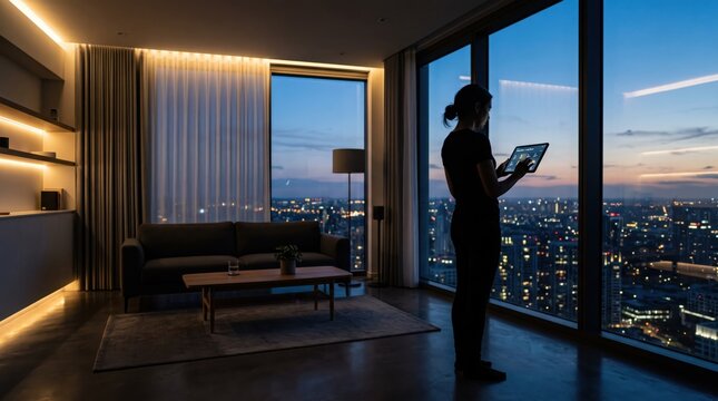 Woman using digital tablet for smart home control in luxury apartment with city skyline view at night, modern interior design, automation technology concept.