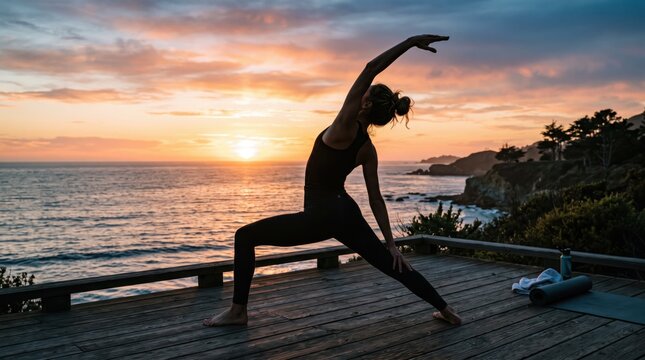 Woman practicing yoga warrior pose on wooden deck overlooking ocean during sunset, fitness and wellness lifestyle, silhouette against beautiful sky and sea horizon.