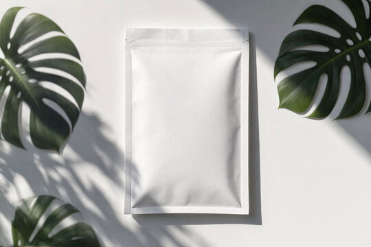 Blank white matte standing pouch mockup with morning monstera leafs and shadows.