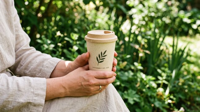 Woman holding eco-friendly reusable coffee cup in garden, sustainable lifestyle, zero waste living, organic bamboo material, nature, environmental awareness, green choices.