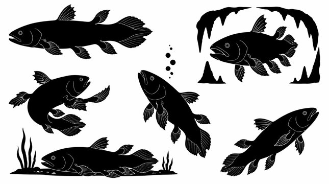 Coelacanth fish silhouette collection with prehistoric marine creatures