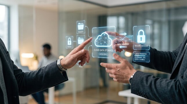 Business professionals interacting with futuristic cloud data storage hologram interface for secure file transfer and network management in modern office environment.