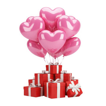 Bunch of pink heart shaped balloons floating above a pile of red gift boxes isolated on transparent background