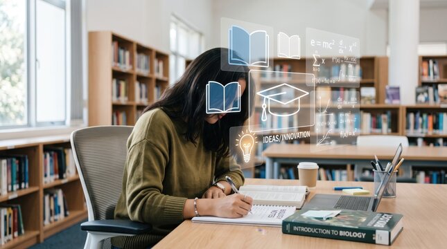 Female student studying in library writing notes with floating education hologram icons books math formulas and light bulb symbolizing ideas innovation and learning concept.