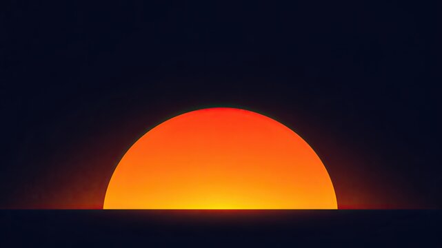 Glowing orange half sun rising over dark navy horizon, minimalist abstract background with neon gradient and copy space
