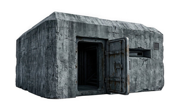 Concrete bunker with an open heavy metal door isolated on transparent background