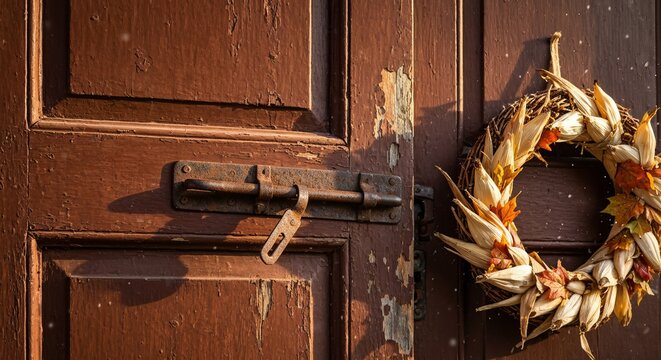Close-up of a weathered farmhouse door with a wreath of dried corn and leaves, rusty latch, sunlit dust motes, tactile texture