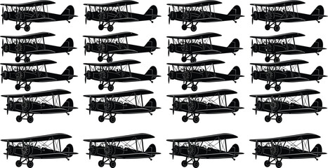 Collection of vintage biplane silhouettes featuring classic retro airplanes isolated on white background © MdRuhul
