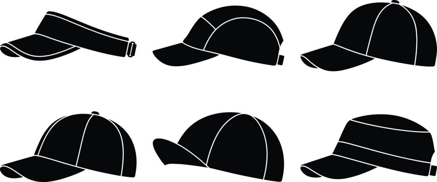 Set of black baseball cap and sport visor silhouettes isolated on a white background vector illustration