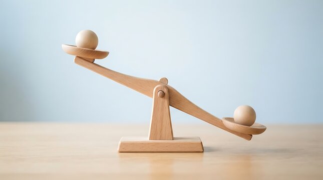 Wooden balance scale with two small balls on a table
