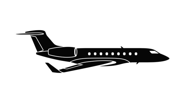 Black silhouette of a private jet plane isolated on white background.
